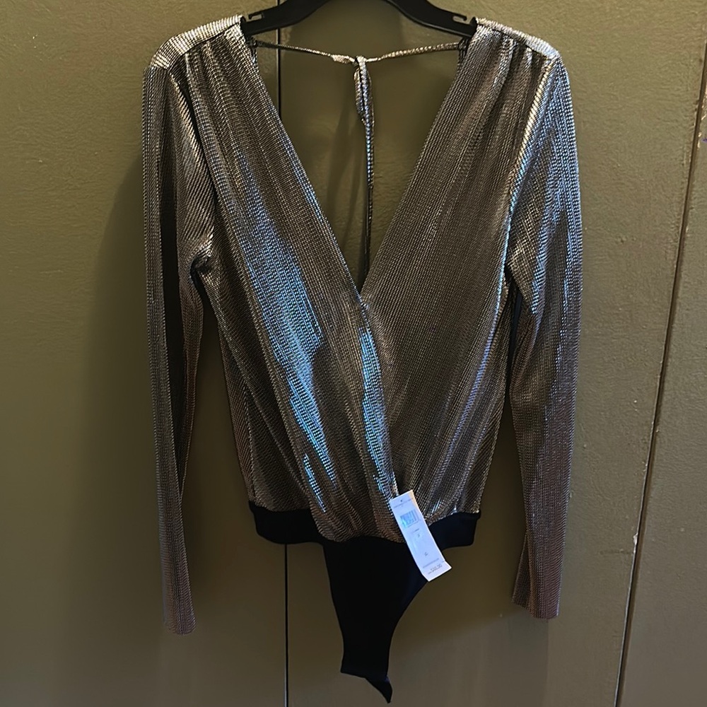 Metallic Silver V-Neck Bodysuit